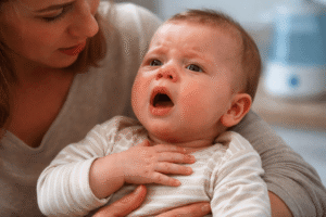 Kind sitzt aufrecht und hat Atemprobleme