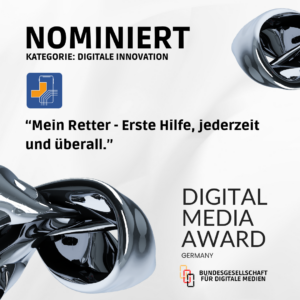 Offizielle Nominierungsgrafik der Mein Retter GmbH für den Digital Media Award Germany 2026 in der Kategorie Digitale Innovation.